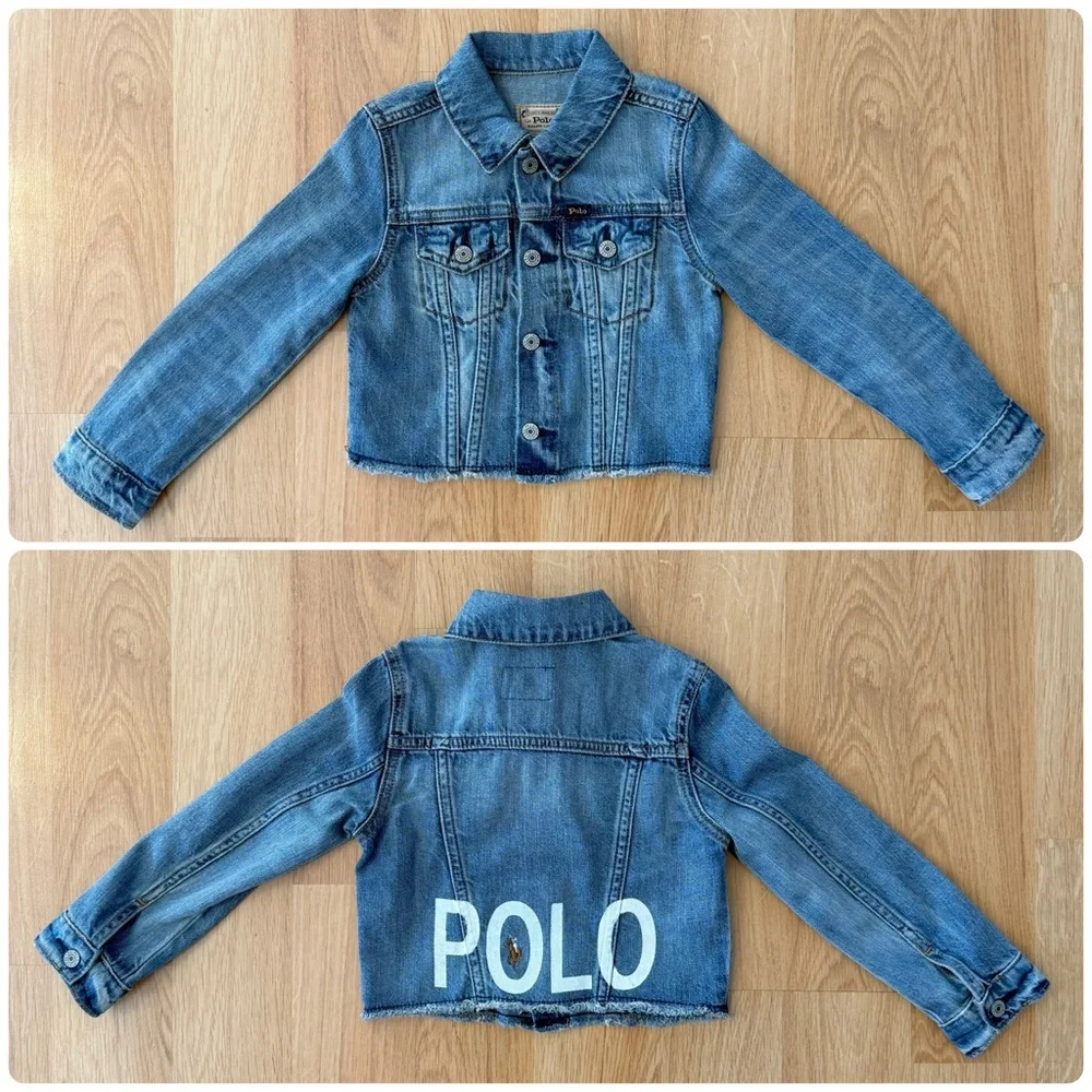 EUC Ralph Lauren Girl Denim Jacket, POLO & Colorful RL Logo Embroidered on Back